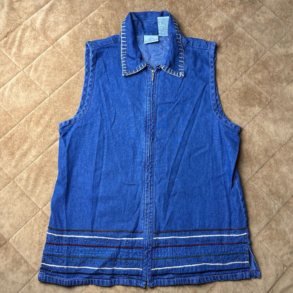 Vintage 90s Bobbie Brooks Denim Vest Top Womens Small Zip Front Embroidered